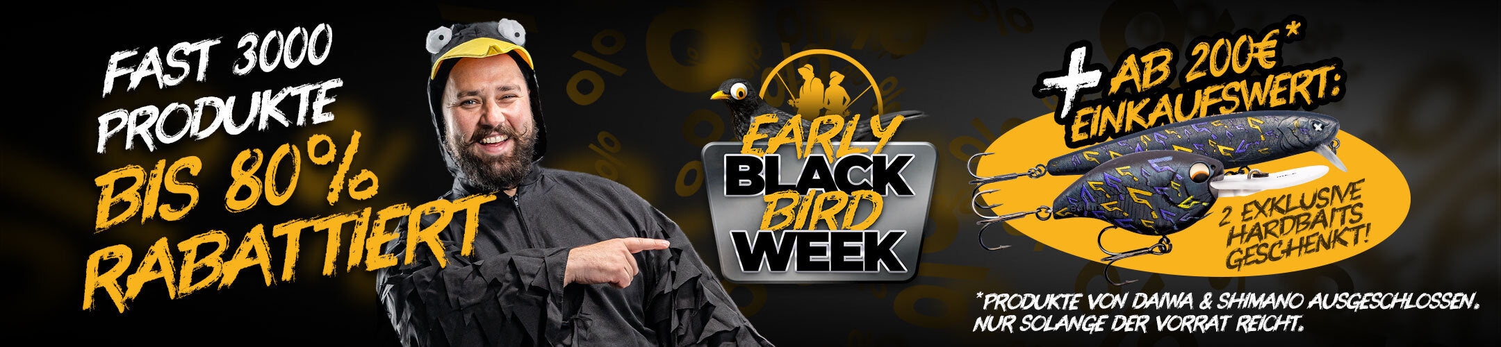 Black Week bei Hechtundbarsch.de mit 3000 Produkten für Raubfischangler, die bis zu 80% rabattiert sind und tolle Geschenken ab 200€ Warenwert.