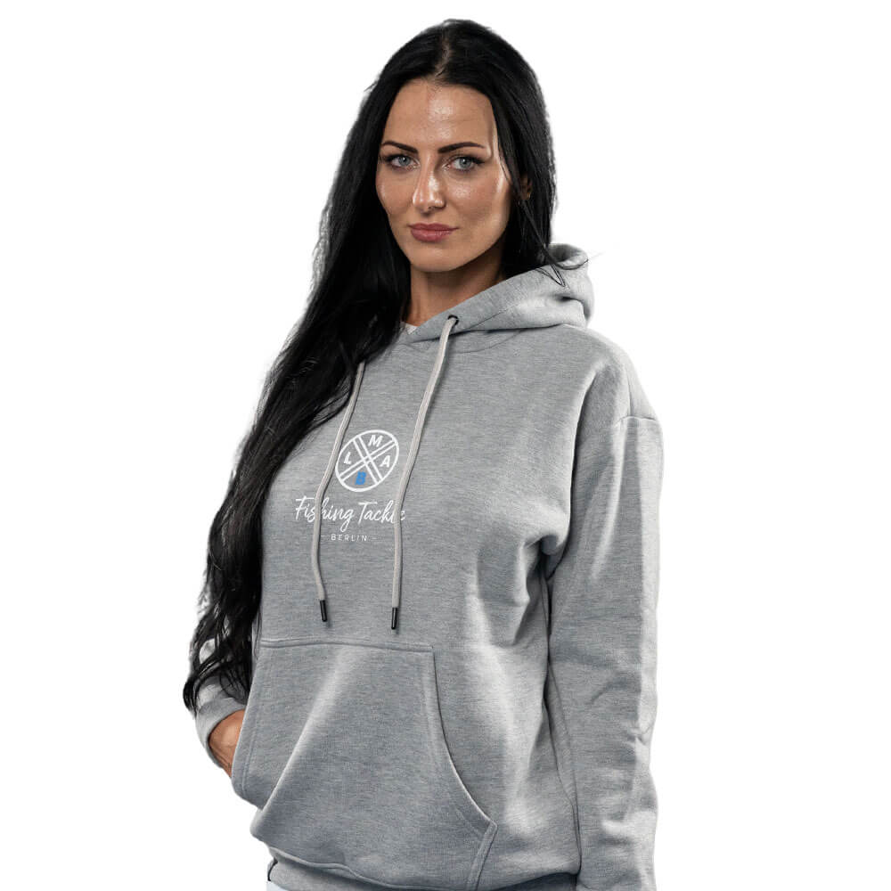 LMAB Great Story Hoodie Sport-Grau Vorderseite Frau