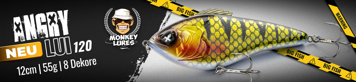 Mit dem Monkey Lures Angry Lui 120 präsentiert die Tackleschmiede mit dem Affen ihren ersten Jerkbait. Ab sofort bei uns im Shop erhältlich.