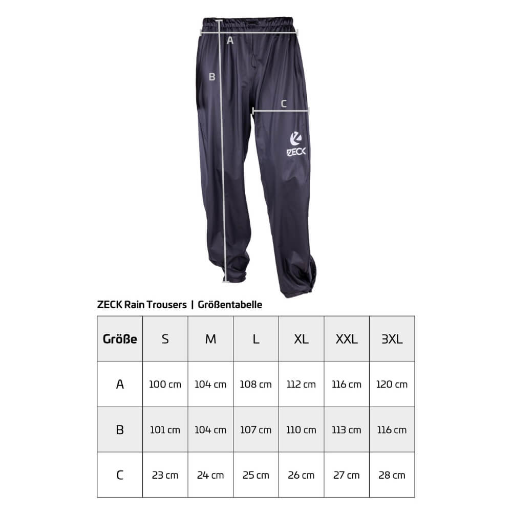 Zeck Rain Trousers Größentabelle