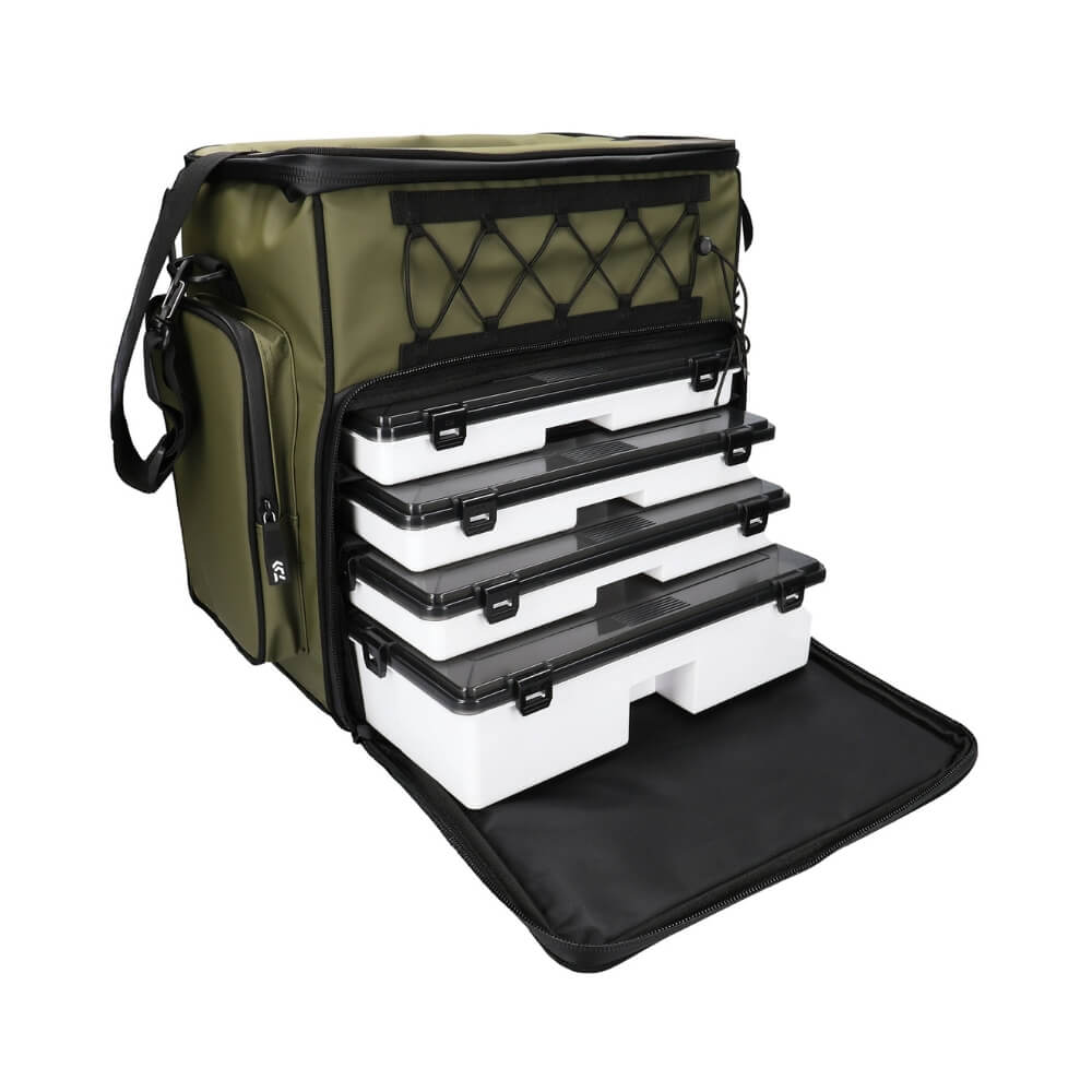 Daiwa D-VEC WP 500 Tackle Box Rucksack XXL geöffnet mit Boxen