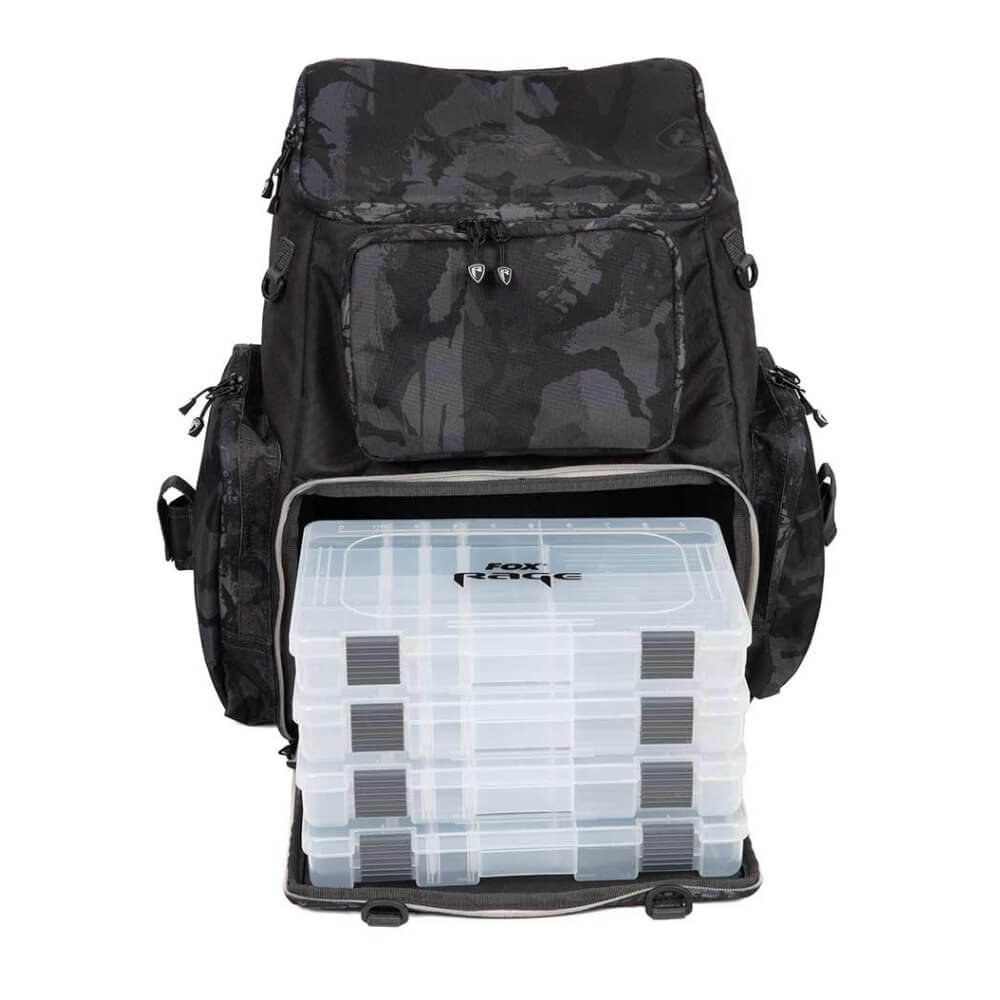 Fox Rage Voyager Camo Rucksack offen mit Boxen