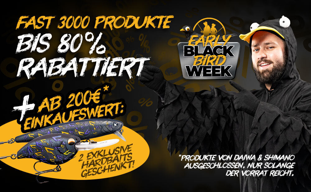 Black Week bei Hechtundbarsch.de mit 3000 Produkten für Raubfischangler, die bis zu 80% rabattiert sind und tolle Geschenken ab 200€ Warenwert.