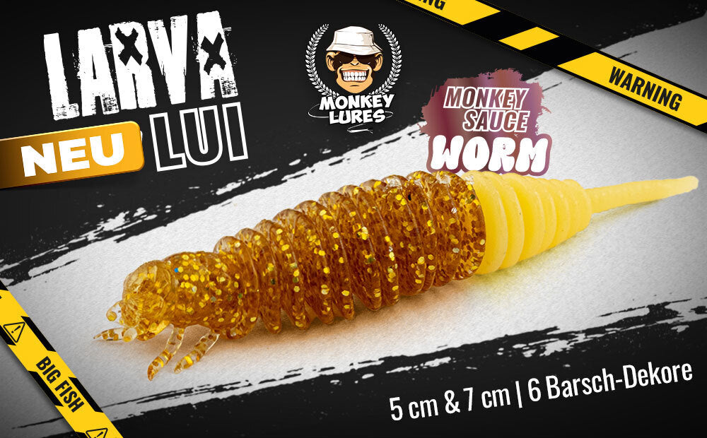 Der neue Monkey Lures Larva Lui Perch in 2 Größen und 6 Dekoren, jetzt bei uns im Shop erhältlich.