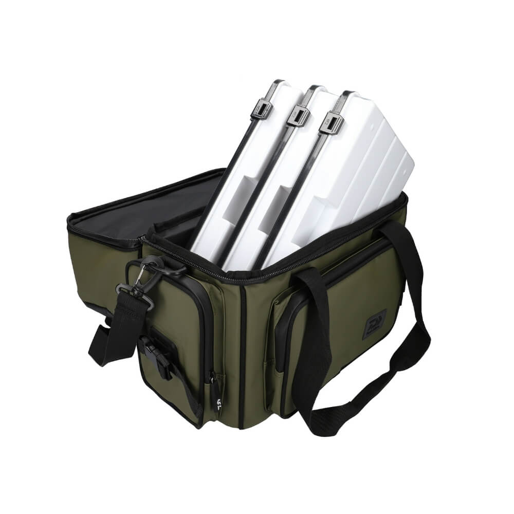 Daiwa D-VEC WP 300 Tackle Box Bag (2 Stores) geöffnet mit Boxen