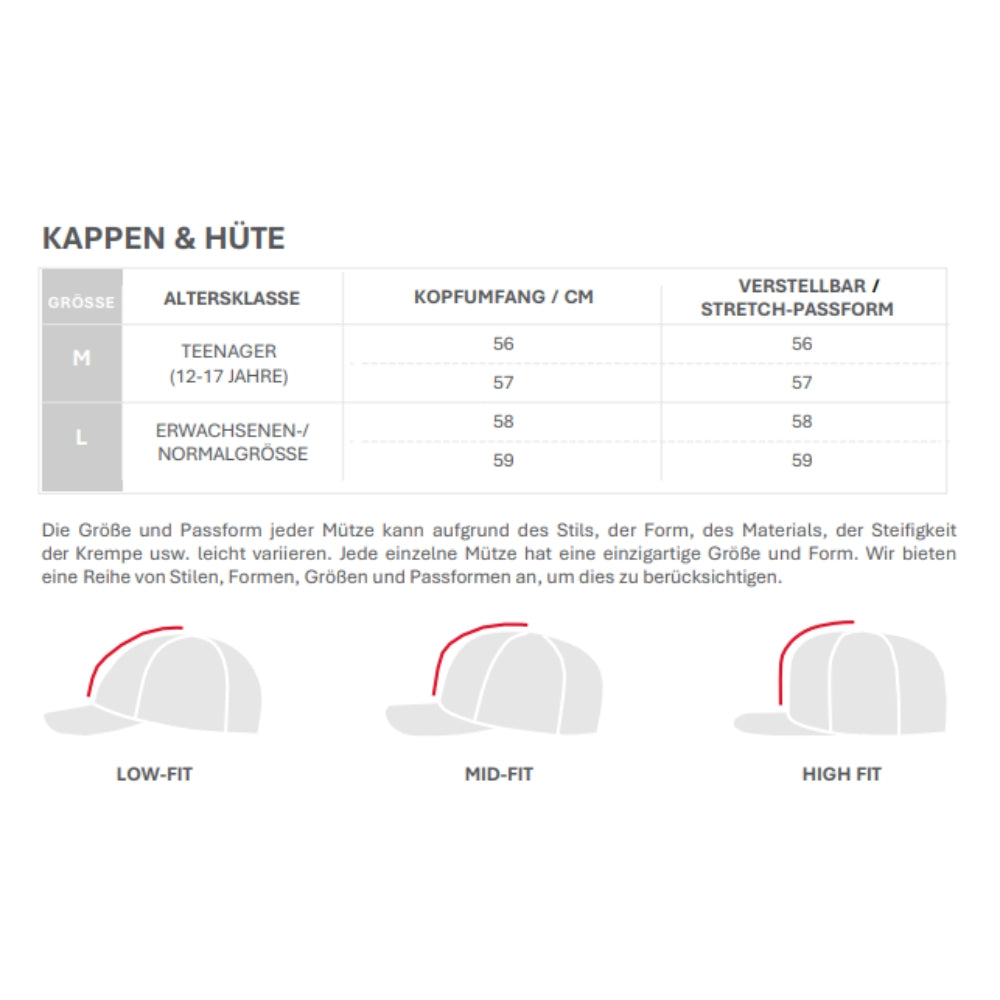 Größentabelle Kappen & Hüte Westin